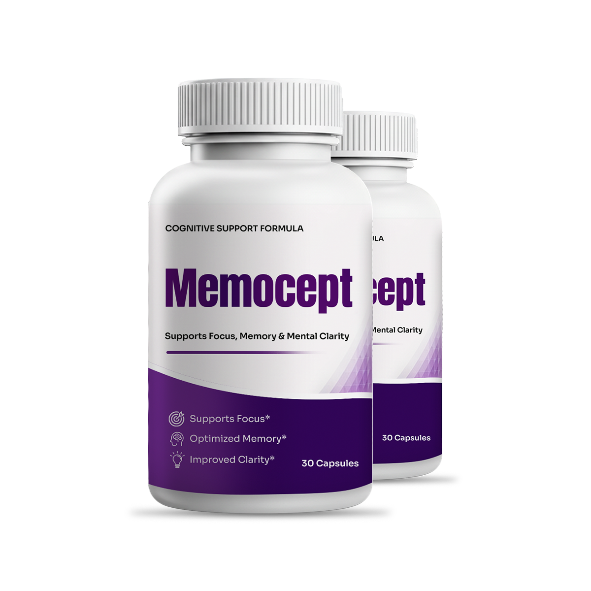 Two white bottles of Memocept dietary supplement with purple labels